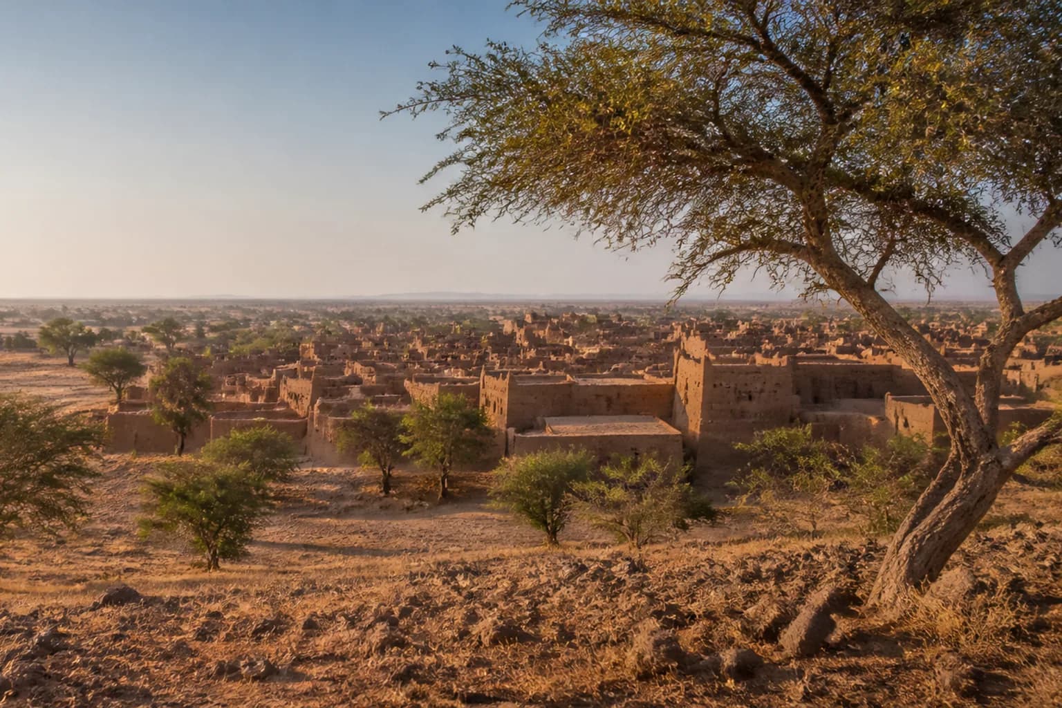 Sahel landscape and earthen townscape in Mali