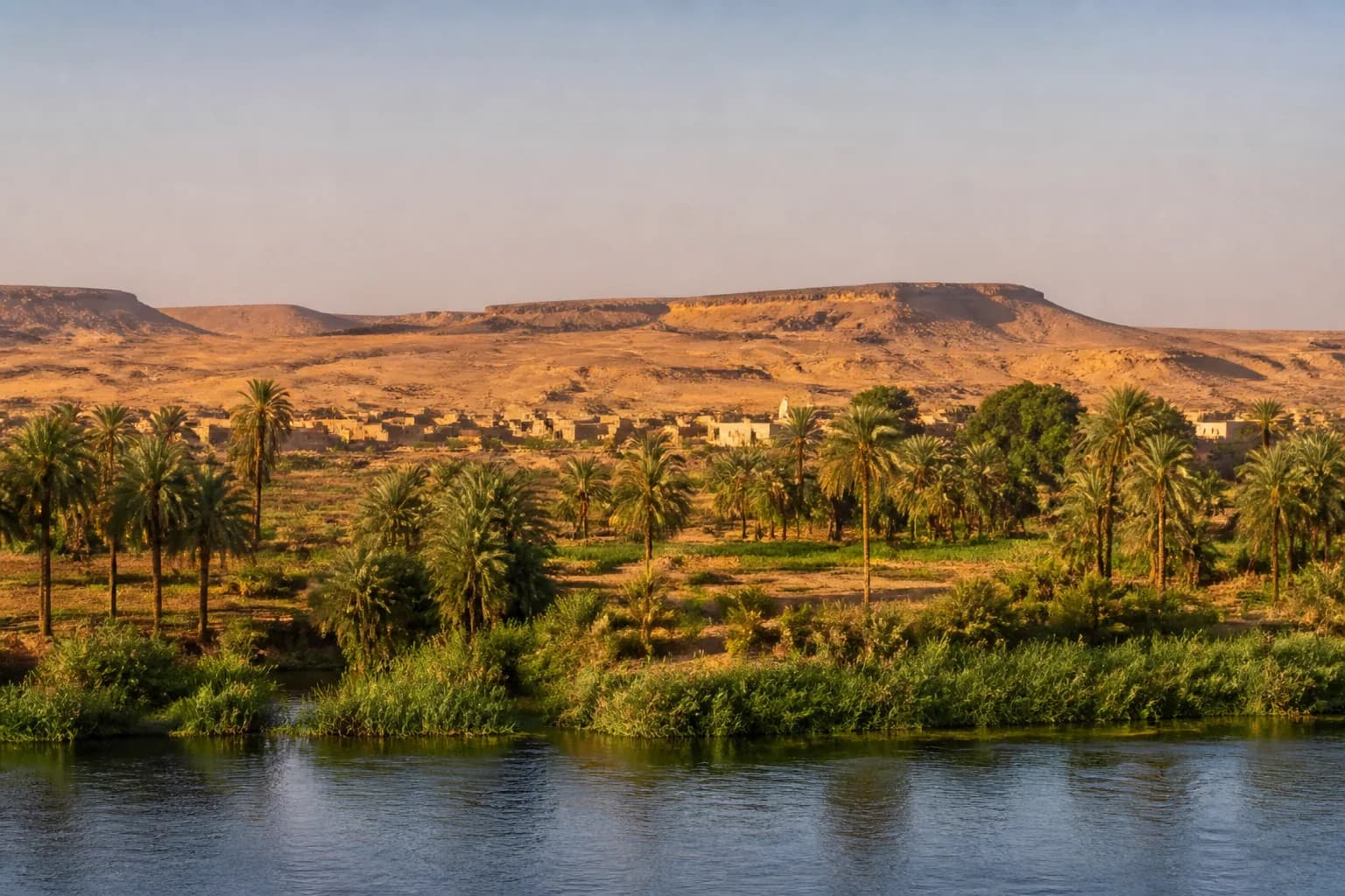 Nile-side palms and desert landscape in Sudan