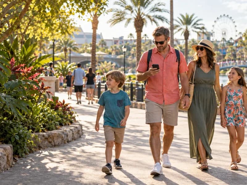 Family walking through a sunny Florida resort area while one parent checks a phone