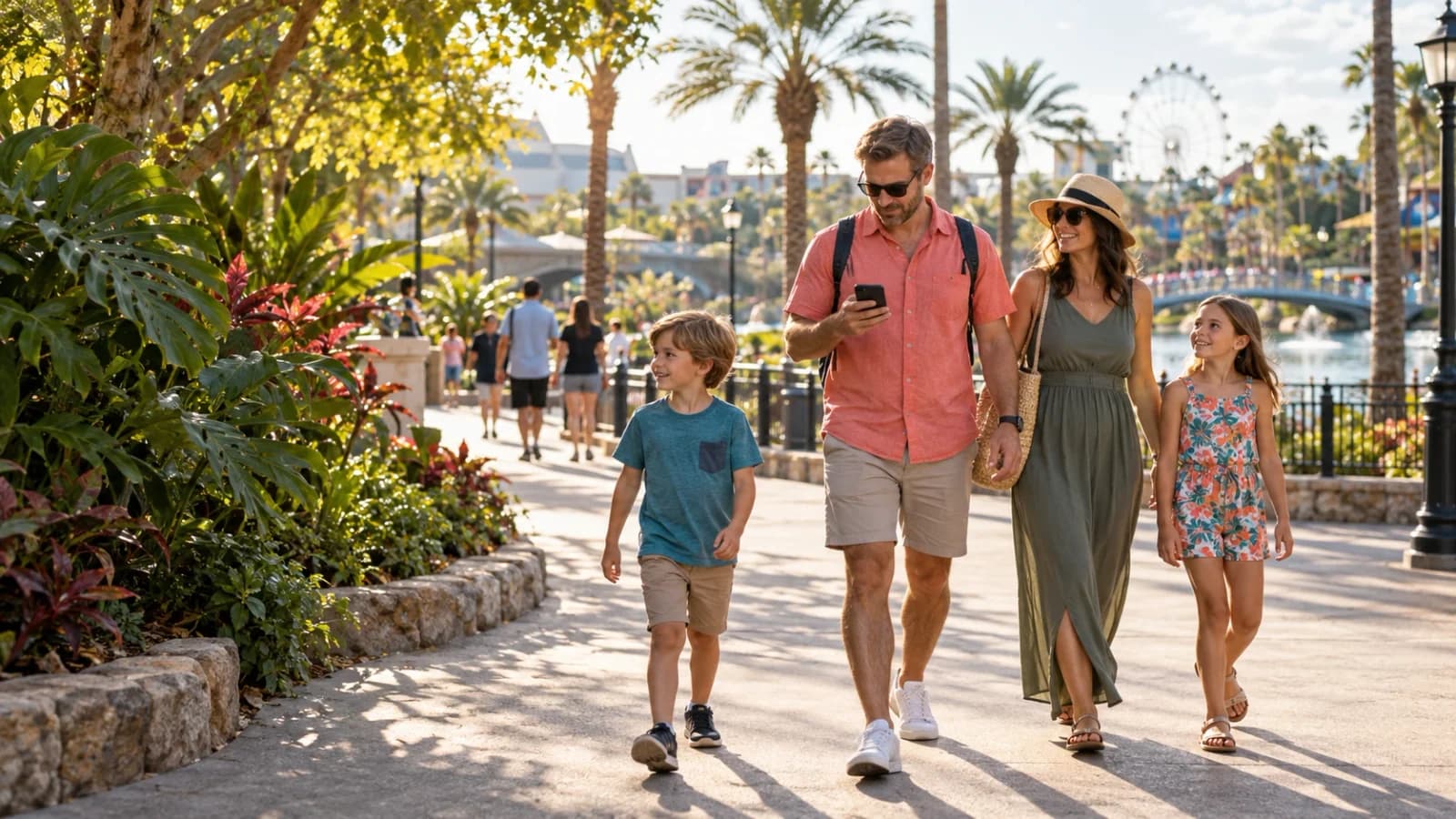 Family walking through a sunny Florida resort area while one parent checks a phone