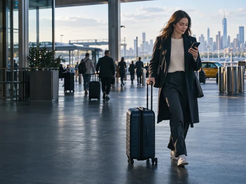Illustrative New York-area airport arrival scene with a traveller, suitcase and phone