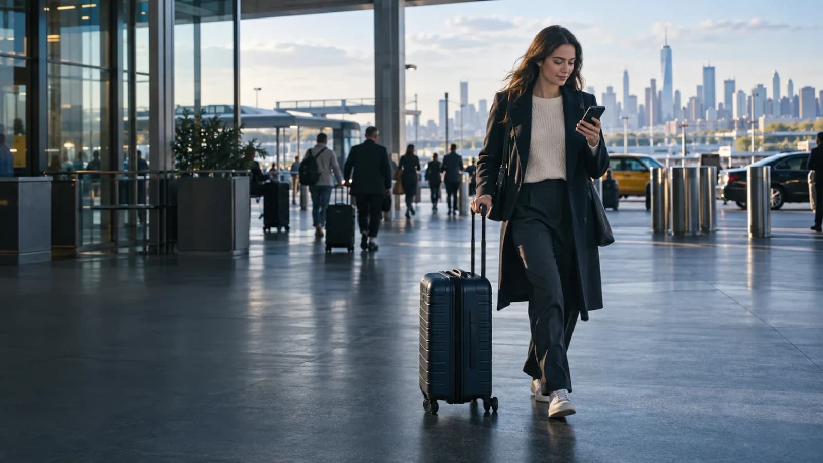 Illustrative New York-area airport arrival scene with a traveller, suitcase and phone