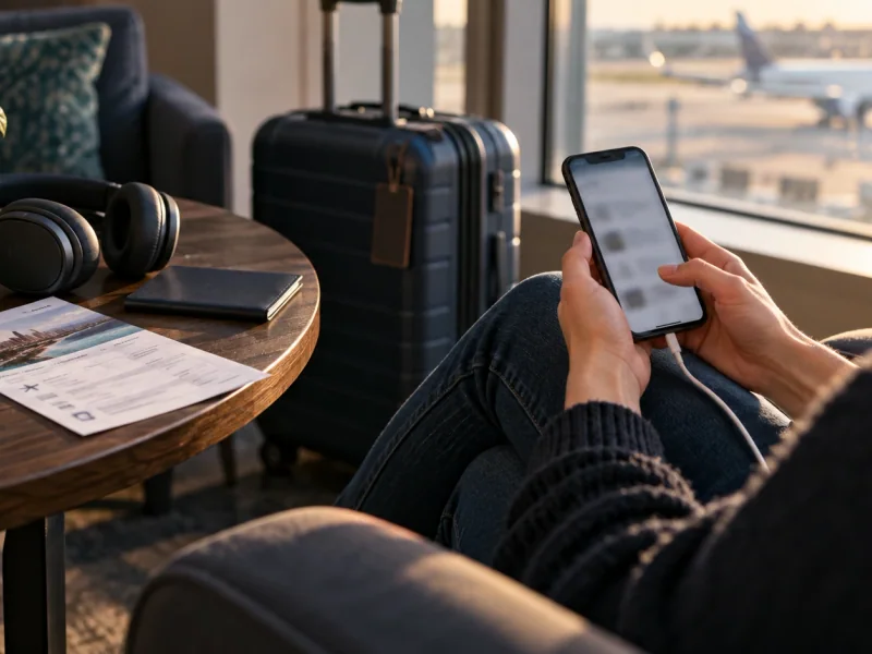 Traveller using a phone beside headphones, luggage and travel documents