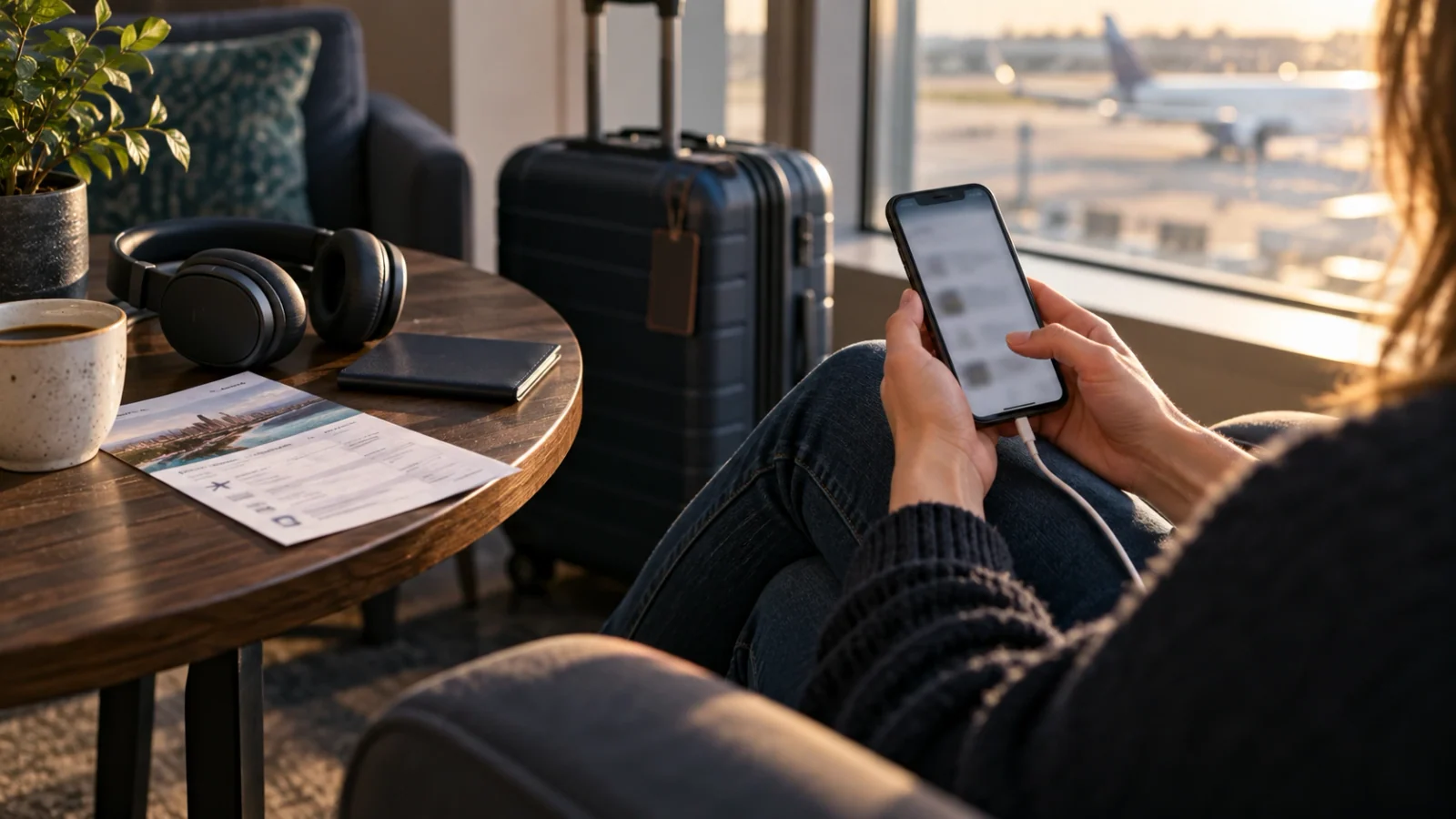 Traveller using a phone beside headphones, luggage and travel documents