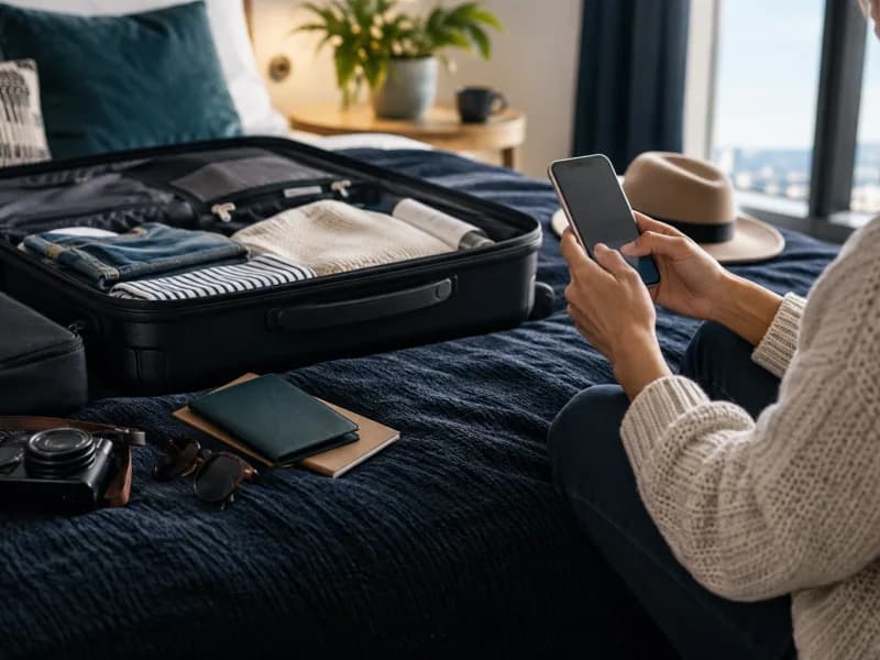Traveller configuring a phone beside an open suitcase before departure