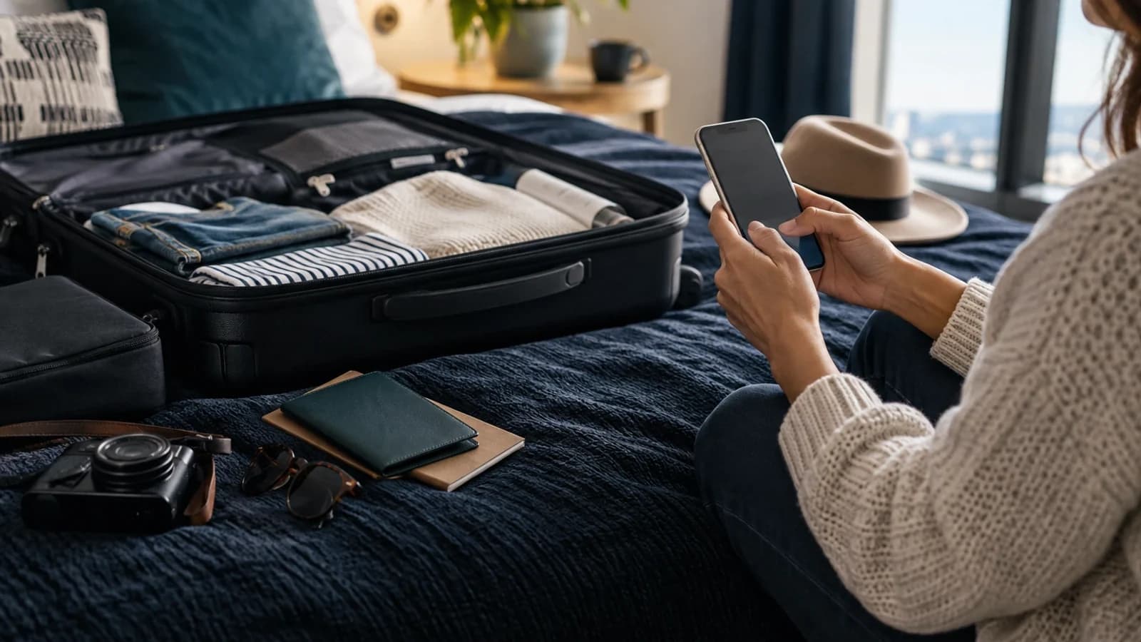 Traveller configuring a phone beside an open suitcase before departure
