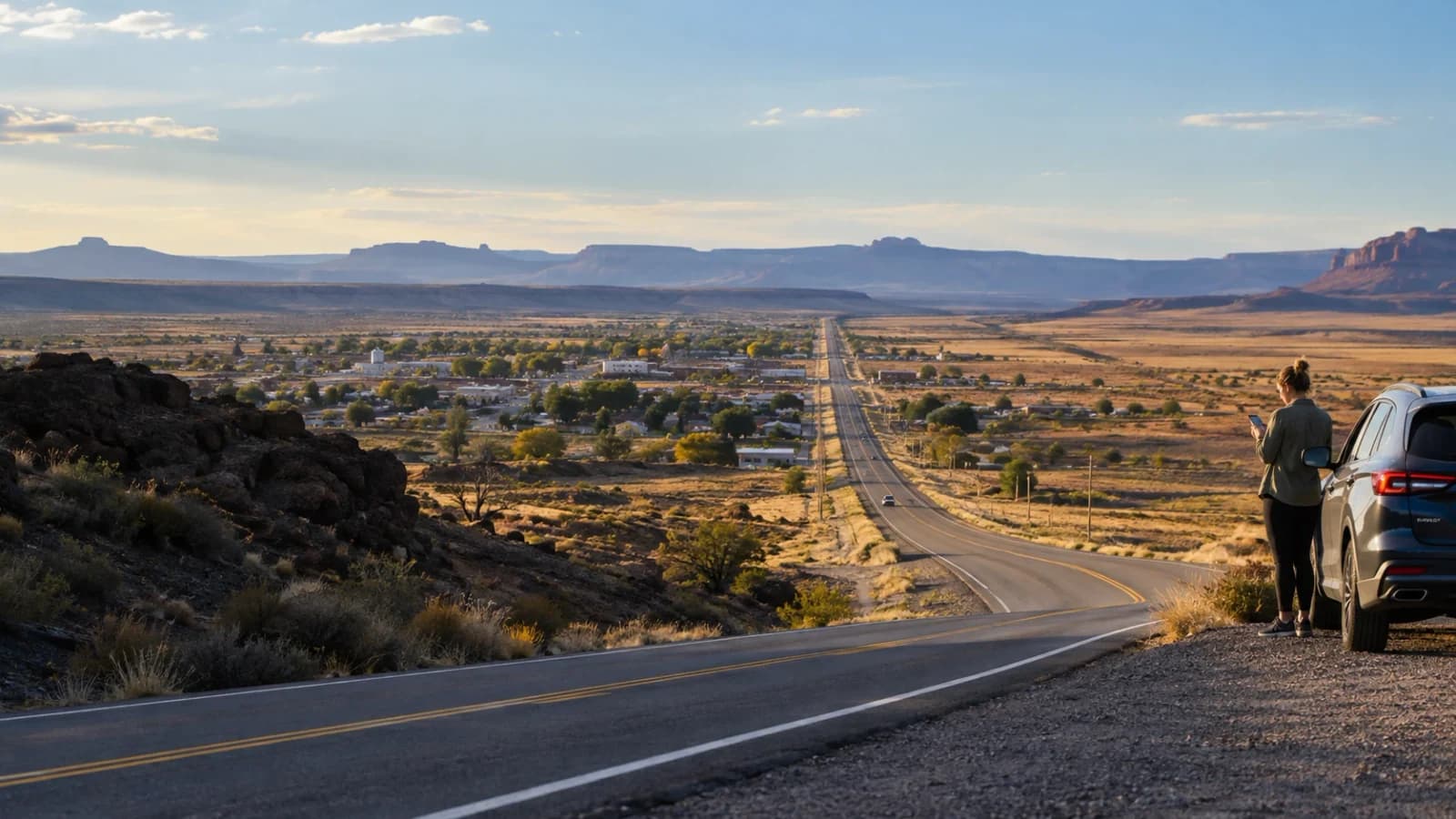 Road leading from a small American town into open high-desert country
