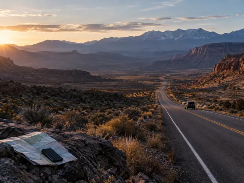 Car travelling along a remote American road through desert and mountain scenery