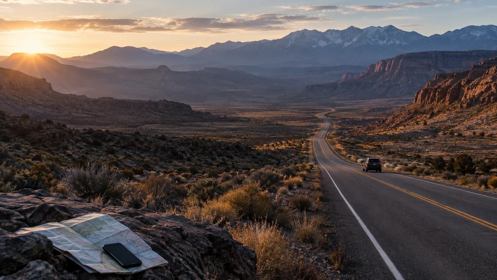 Car travelling along a remote American road through desert and mountain scenery