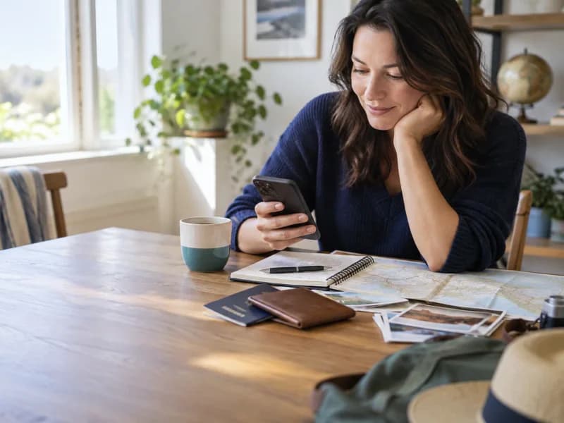 Traveller comparing options on a phone beside an itinerary and map
