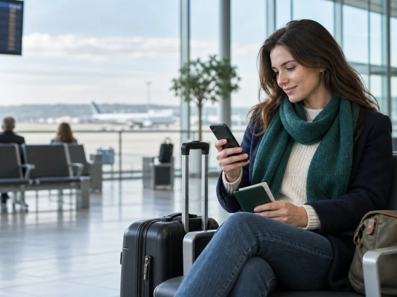 Traveller checking a phone beside cabin luggage in an airport departure lounge
