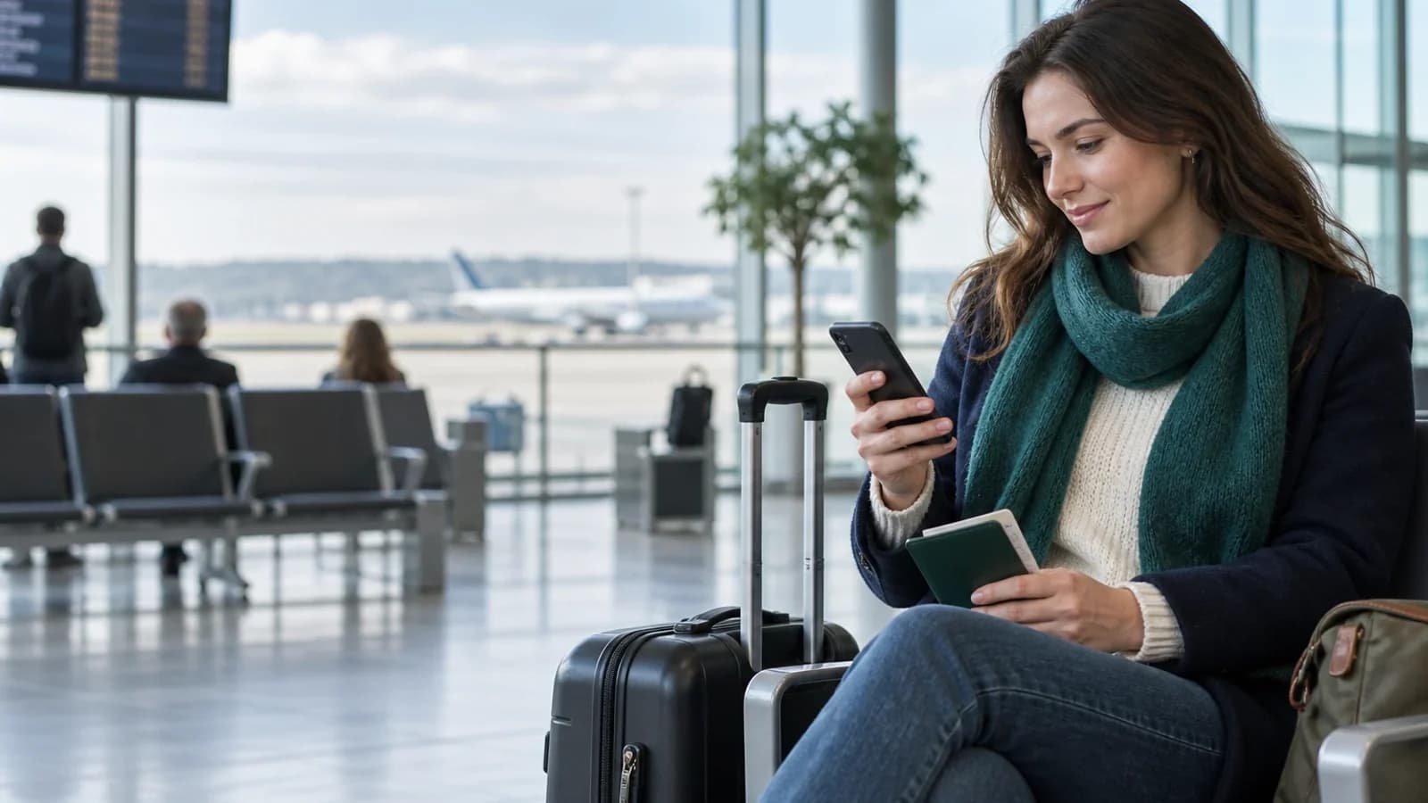 Traveller checking a phone beside cabin luggage in an airport departure lounge